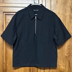 Zara Men's Navy Short Sleeve Zip-Up Shirt
